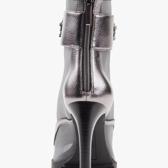 Metallic Gray Heeled Boots with Open Toe and Decorative Ankle Strap - Picture 4 of 5